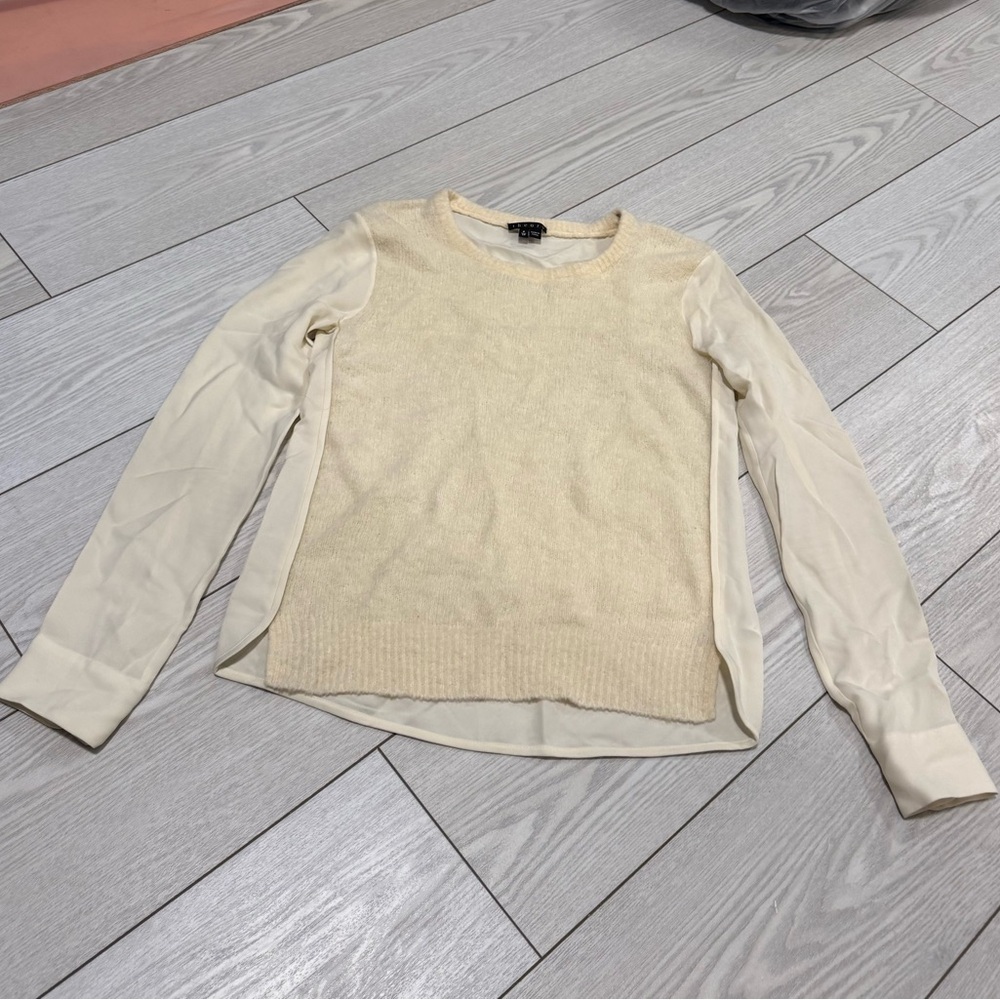 Theory small Ivory wool cozy Knit Sweater sheer long sleeve classic neutral